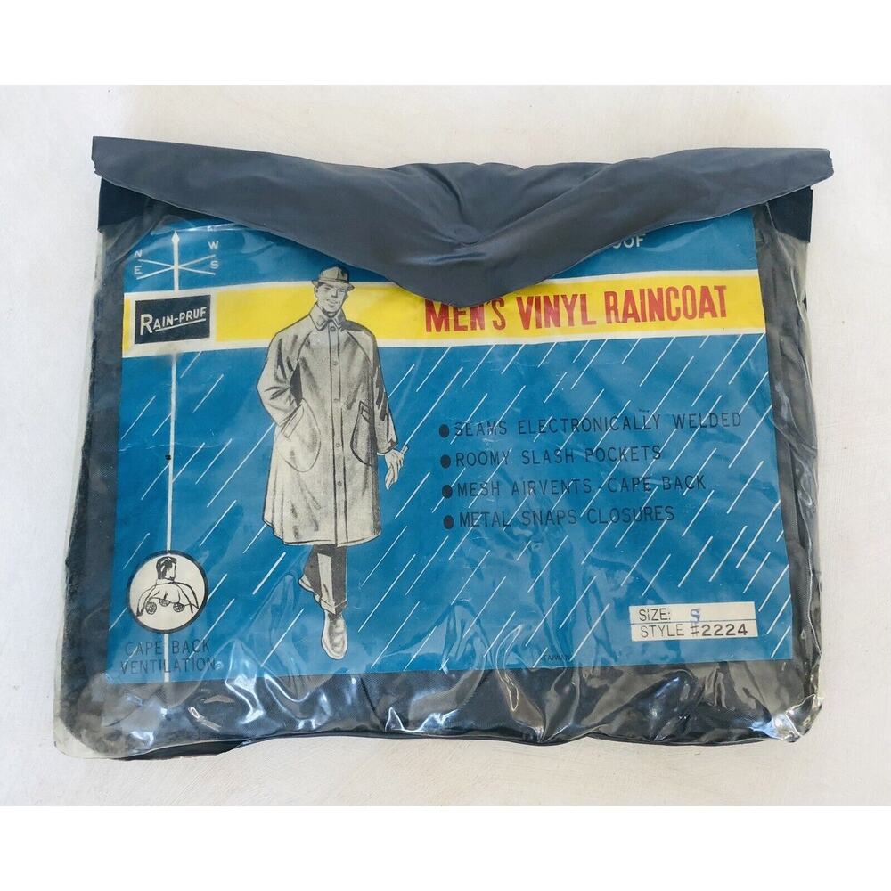 Vintage Rain-Pruf Men’s Small Black Waterproof Vinyl Raincoat Pockets NOS Taiwan